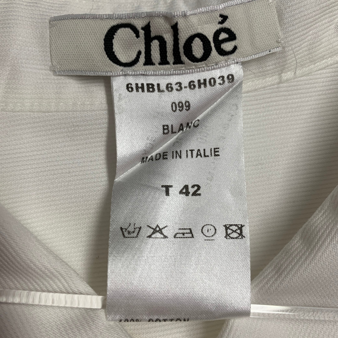 CHLOE Size 6 White Cotton Ribbed Long Sleeve Blouse