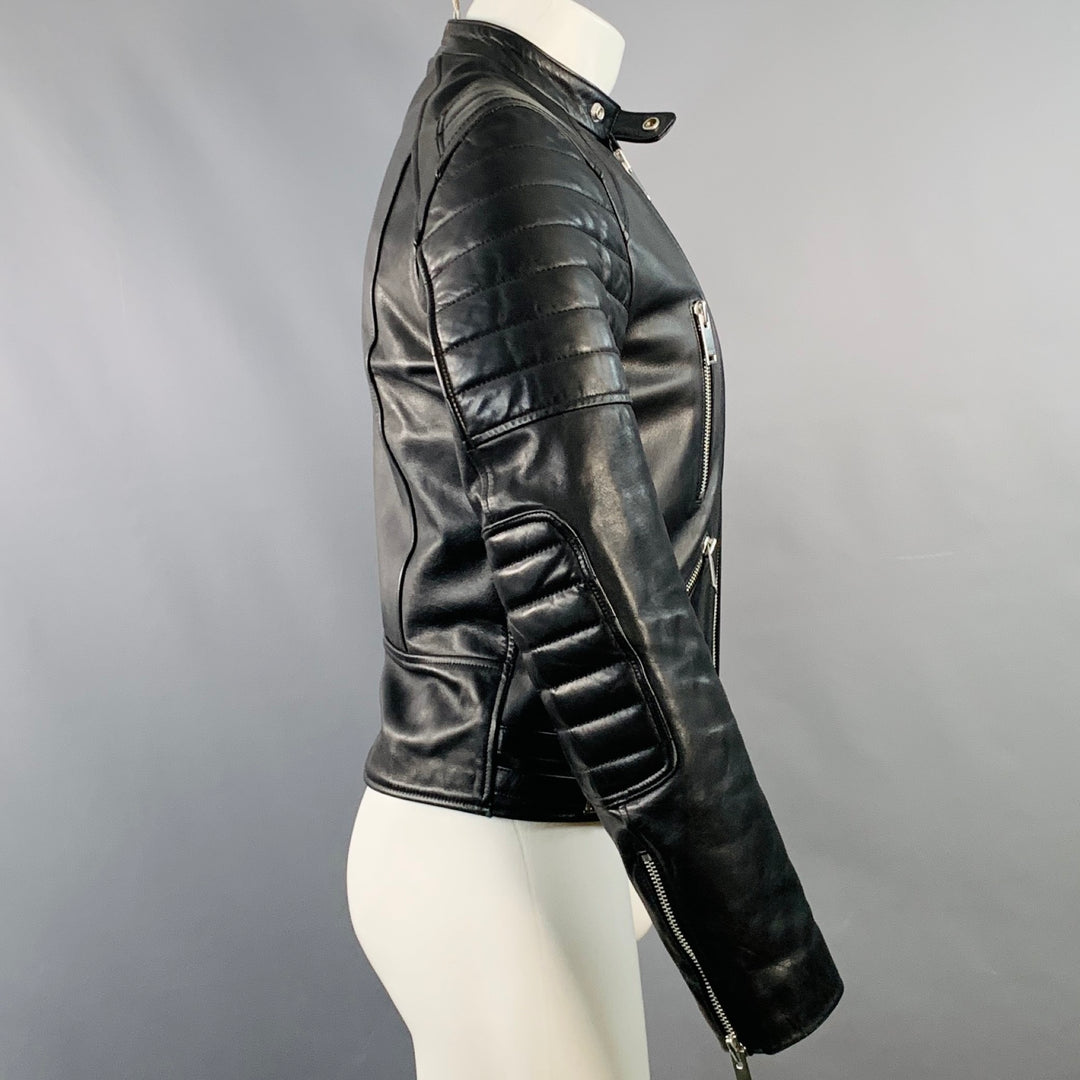 SANDRO Size S Black Quilted Calfskin Leather Moto Racer Jacket