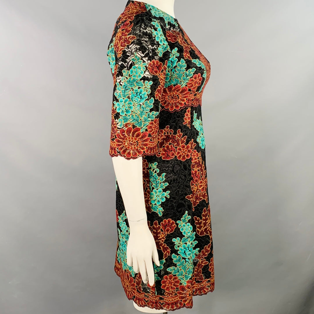 DOLCE & GABBANA Size 10 Black Green Brown Floral Lace 3/4 Sleeves Knee Length Dress