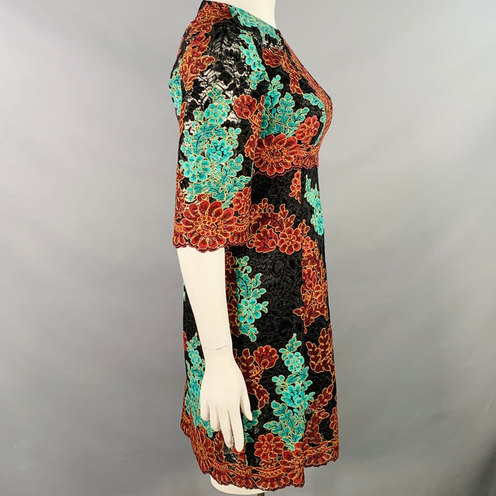 DOLCE & GABBANA Size 10 Black Green Brown Floral Lace 3/4 Sleeves Knee Length Dress