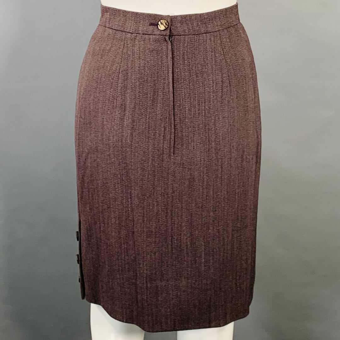 EMANUEL UNGARO Size 6 Purple Brown Wool Twill Mandarin Collar Midi Pencil Skirt Suit