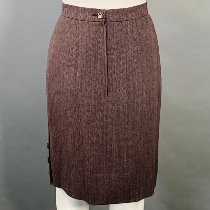 EMANUEL UNGARO Size 6 Purple Brown Wool Twill Mandarin Collar Midi Pencil Skirt Suit
