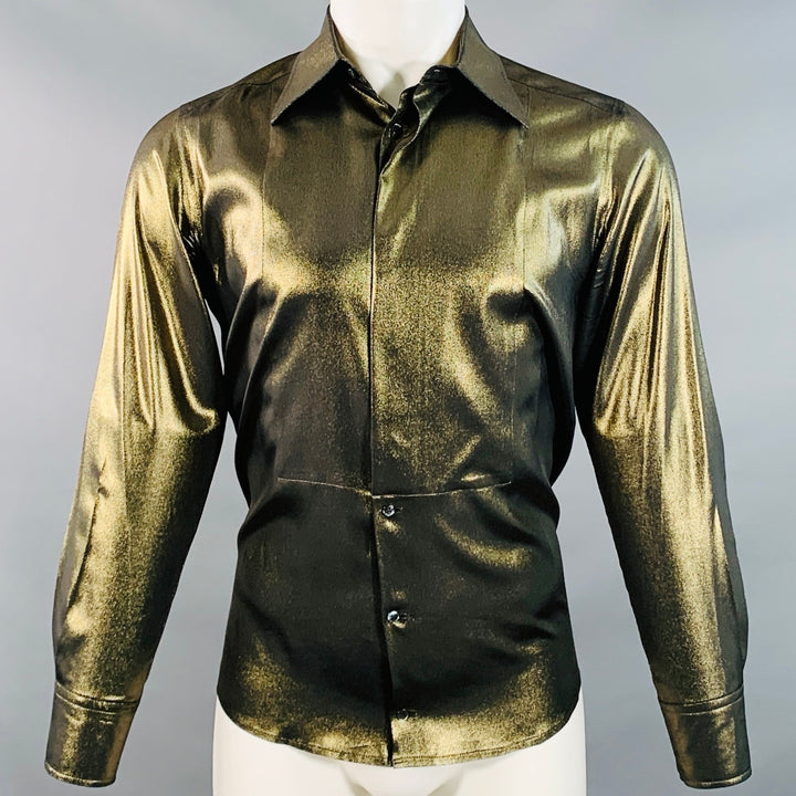 DOLCE & GABBANA Size S Gold Black Metallic Silk Hidden Buttons Long Sleeve Shirt