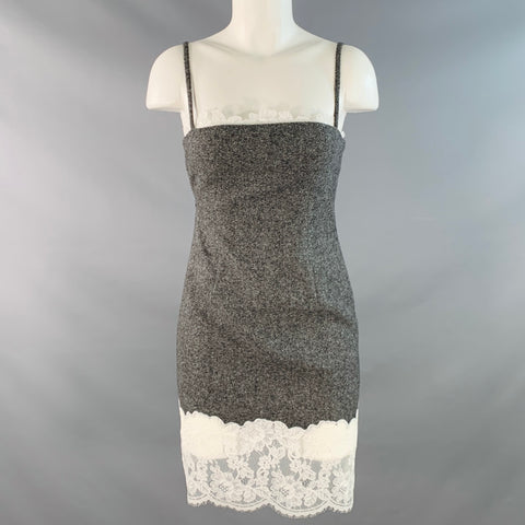 MARK GONG Size 0 Grey White Wool Blend Tweed Spaghetti Straps Lace Trim Dress