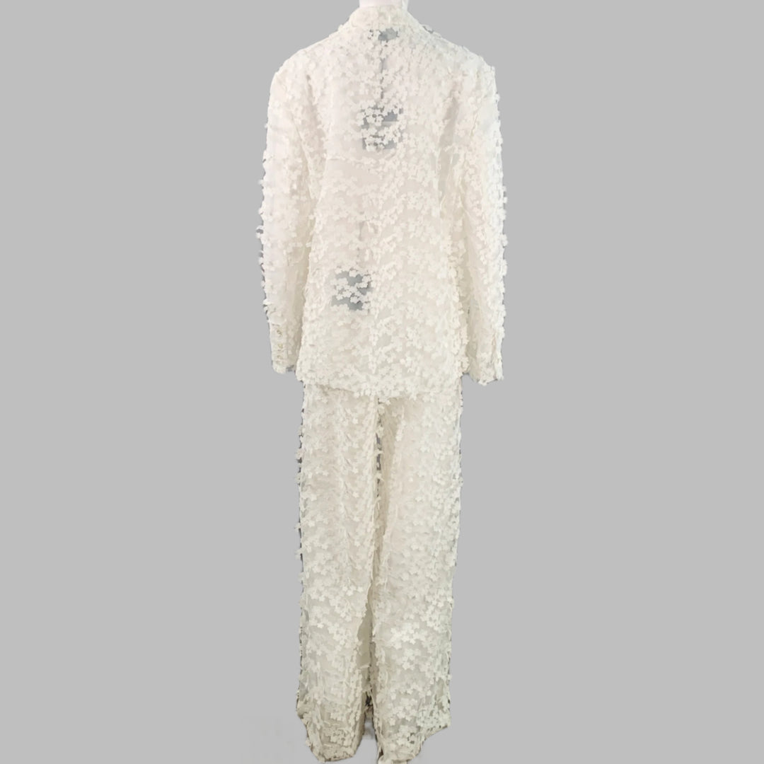 CYNTHIA ROWLEY Size M White Polyester Lace Peak Lapel Pantsuit