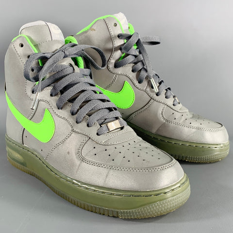NIKE Size 8 Air Force 1 Silver Neon Reflective Mixed Fabrics High Top Sneakers