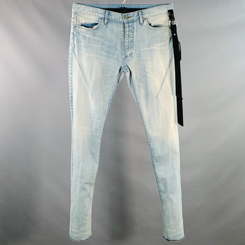 SEIGEKI Size 34 Blue Acid Wash Cotton Blend Raw Edge Jeans