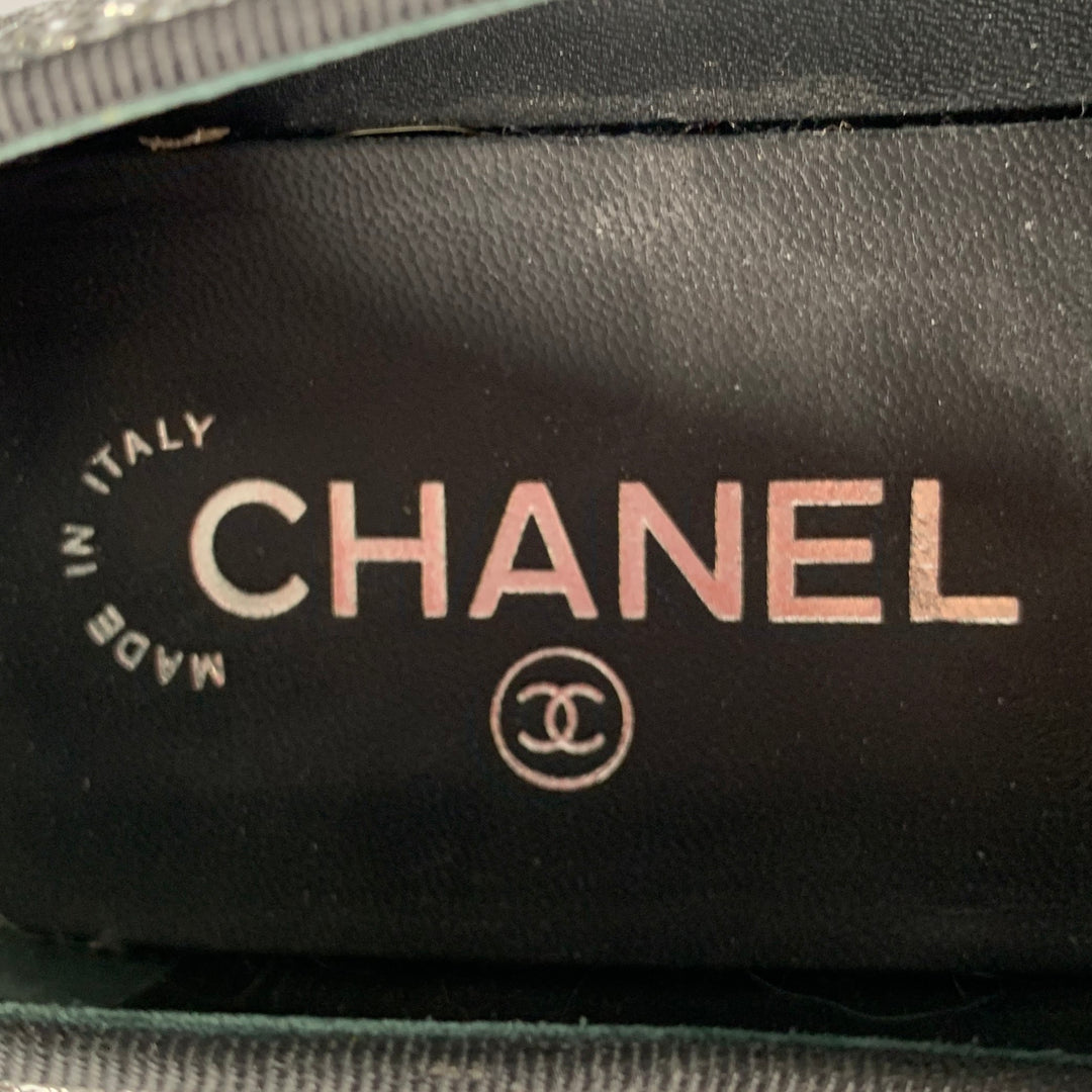 CHANEL Size 8 CC Silver Black Glitter Loafer Flats
