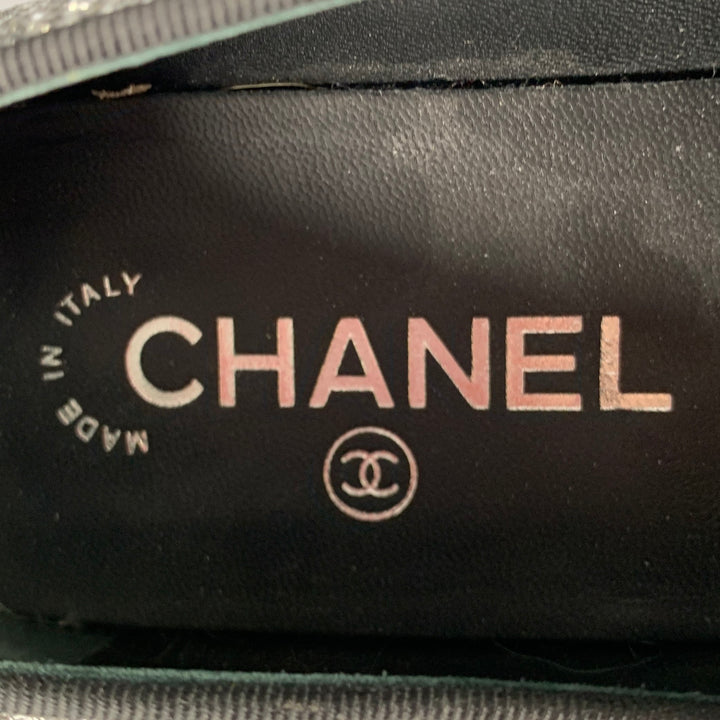 CHANEL Size 8 CC Silver Black Glitter Loafer Flats