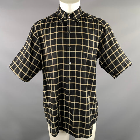 ERMENEGILDO ZEGNA Size M Black Yellow Cream Plaid Linen Rayon Short Sleeve Shirt