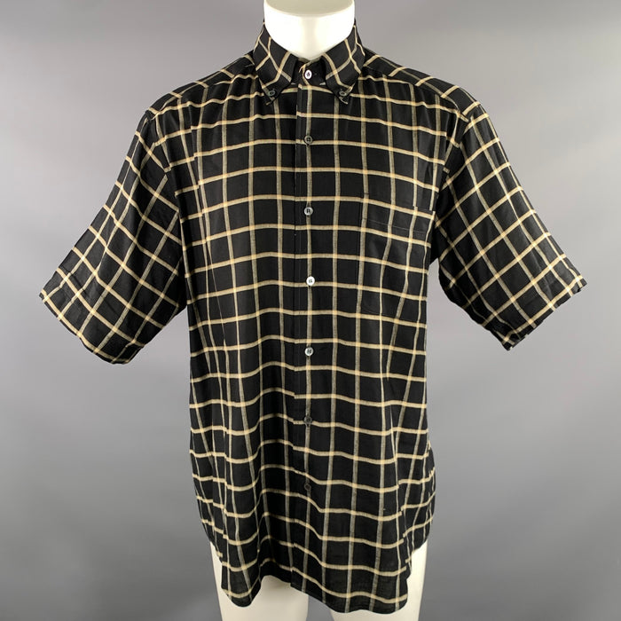ERMENEGILDO ZEGNA Size M Black Yellow Cream Plaid Linen Rayon Short Sleeve Shirt