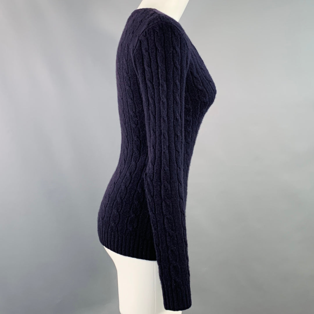 RALPH LAUREN Size S Navy Cashmere Cable Knit Slim Fit V-Neck Sweater