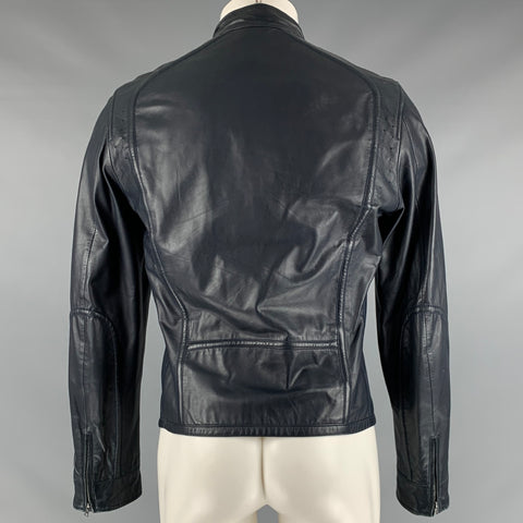 ELIE TAHARI Size S Navy Leather Zip Up Jacket