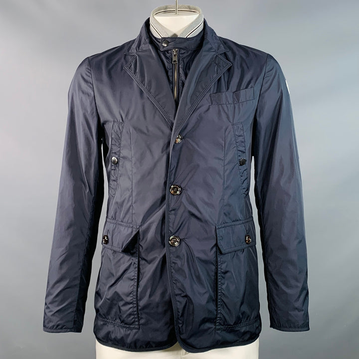 MONCLER Size L Millet Navy Grey Polyamide Layered Notch Lapel Jacket