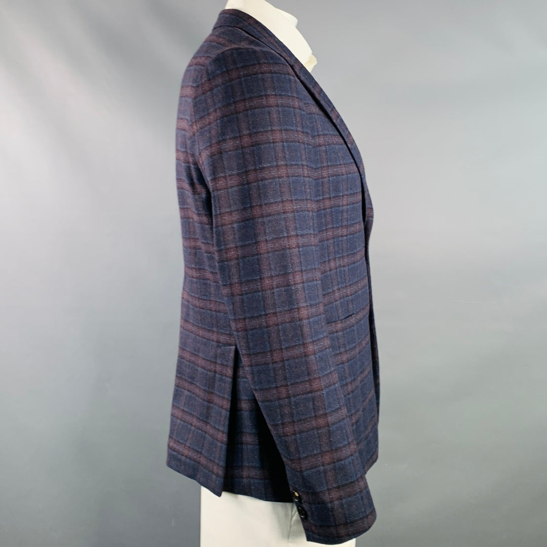 PAUL SMITH Size 42 Regular Navy Brown Plaid Wool Slim Fit Notch Lapel Sport Coat