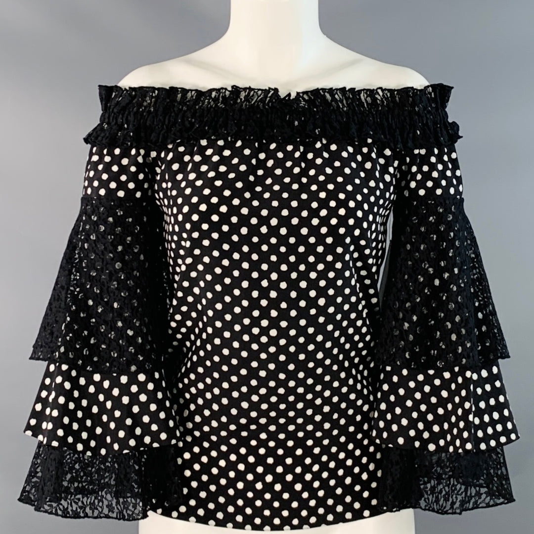 MICHAEL KORS Size XS Black White Silk Polka Dot Layered Sleeves Off-Shoulder Blouse