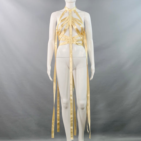 KHAITE Size XS Sukey Gold Viscose Satin Straps Harness Dress Top