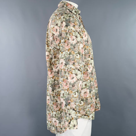 PAUL SMITH Size XXL Cream Olive Floral Cotton One Pocket Long Sleeve Shirt