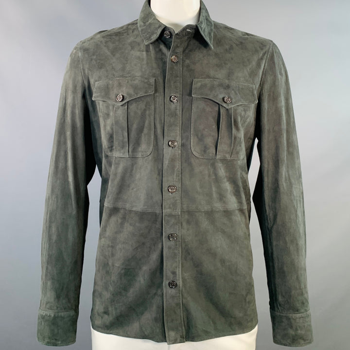 RALPH LAUREN Size L Grey Suede Two Pockets Long Sleeve Shirt