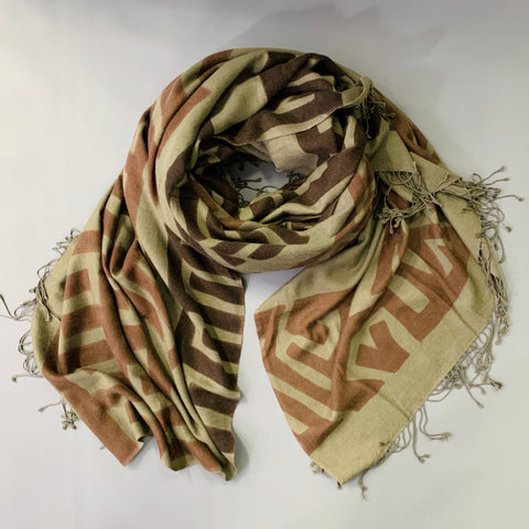 LISA CHRISTOFFERSEN Brown Olive African Tribal Pashmina Silk Handpainted Scarf Shawl