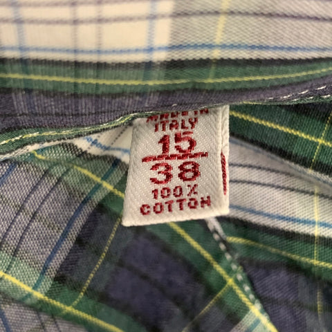 MICHAEL BASTIAN Size S Navy White Green Plaid Cotton Roll Tab Long Sleeve Shirt