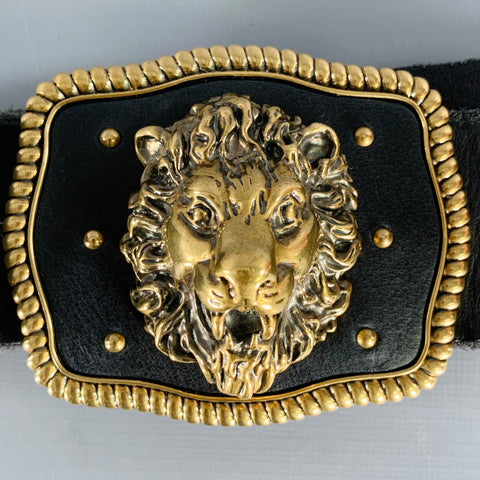 GUCCI Size 36 Black Gold Leather Metal Belt