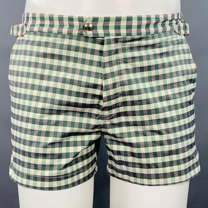 TOM FORD Size 32 Green Grey White Gingham Side Tabs Swim Trunks
