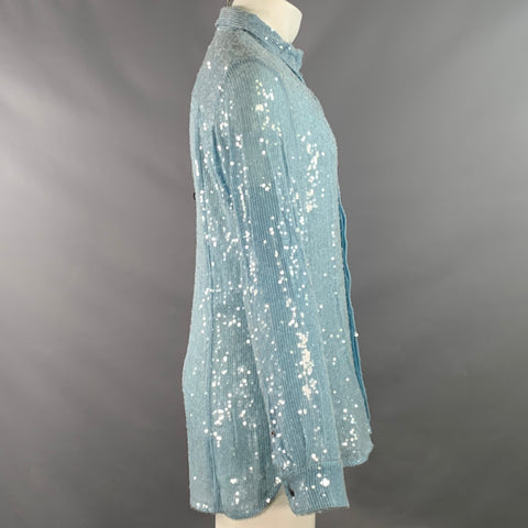 DRIES VAN NOTEN FW22 Size M Light Blue Sequined Viscose Long Sleeve Shirt