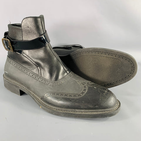 VIVIENNE WESTWOOD Size 12 Black Dark Grey Perforated Rubber Ankle Strap Boots
