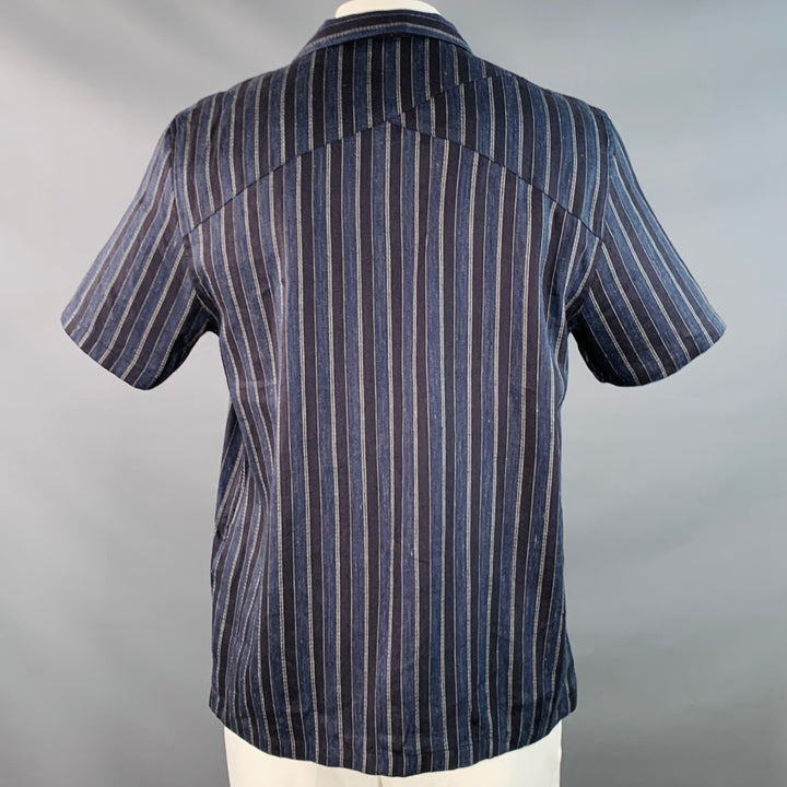 TED BAKER Size L Francoi Navy Black Stripe Linen Cotton Relaxed Camp Short Sleeve Shirt