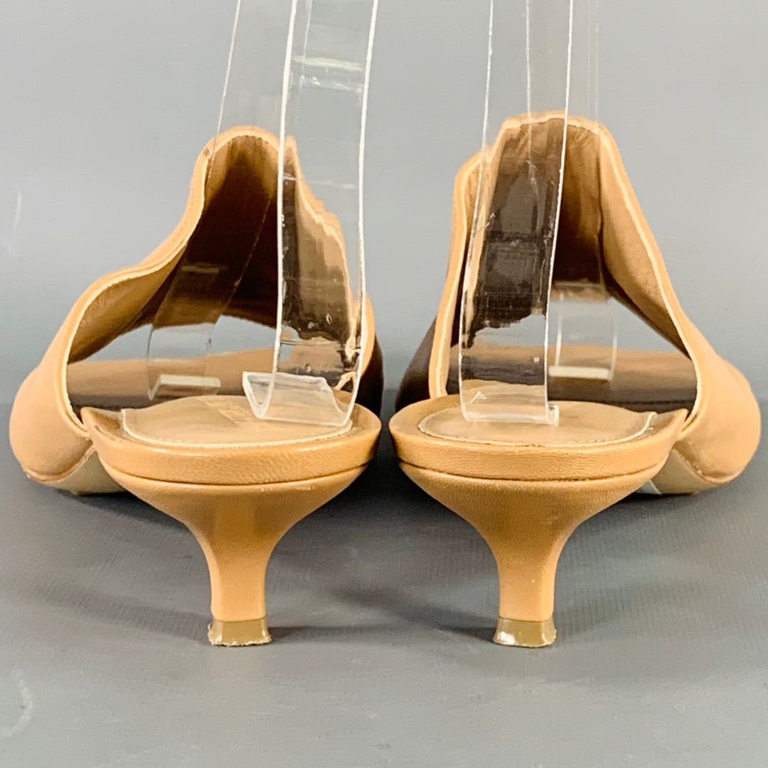 BOTTEGA VENETA Size 10 Tan Leather Square Toe Kitten Heel Mules Sandals