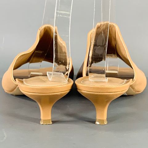 BOTTEGA VENETA Size 10 Tan Leather Square Toe Kitten Heel Mules Sandals