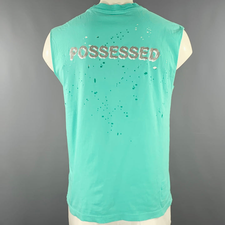 SATISFY Size L Turquoise White Distressed Organic Cotton Print Tank Top