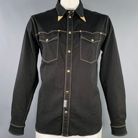 VERSACE JEANS COUTURE Size XL Black Gold Contrast Stitch Snaps Western Long Sleeve Shirt