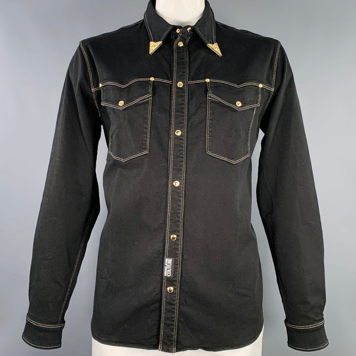 VERSACE JEANS COUTURE Size XL Black Gold Contrast Stitch Snaps Western Long Sleeve Shirt