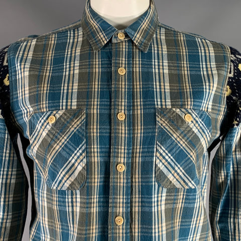 NANAMICA Size L Blue Taupe Plaid Cotton Patch Pockets Long Sleeve Shirt