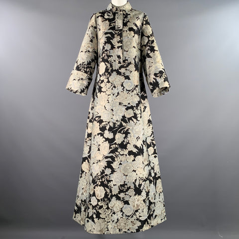 ERDEM Size 10 Black Silver Silk Poly Blend Floral A-Line Long Dress