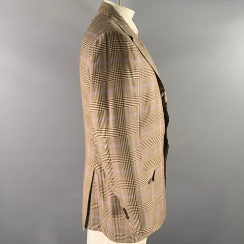 KITON Size 48 Brown Purple Glen Check Cashmere Notch Lapel Sport Coat