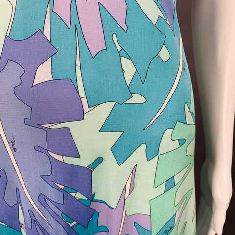 EMILIO PUCCI Size 8 Blue Green Silk Leaves V-Neck Midi Dress