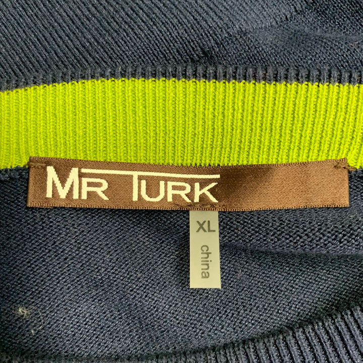 MR TURK Size XL Navy Green White Stripe Cotton Modal Crew Neck Pullover