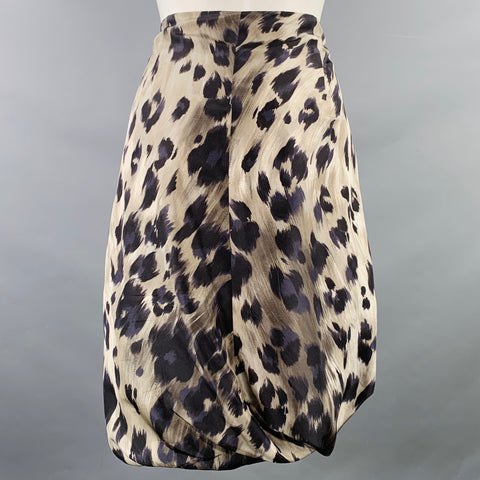 PAUW Size M Beige Navy Black Satin Animal Print Bubble Hem Skirt