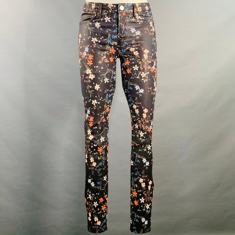 NOUR HAMMOUR Size 25 Black Multi Color Lambskin Leather Floral Skinny Casual Pants