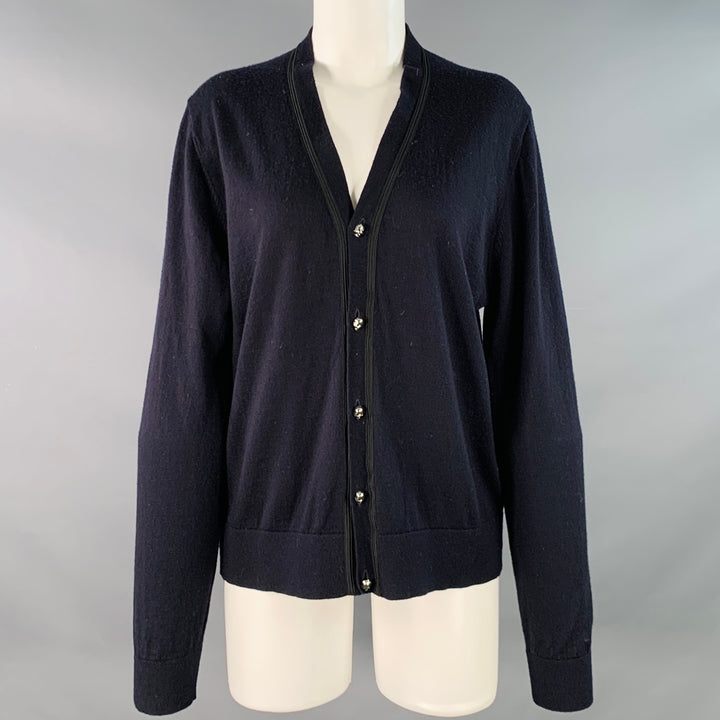 THE KOOPLES Size M Navy Black Merino Wool Skull Buttons V-Neck Cardigan