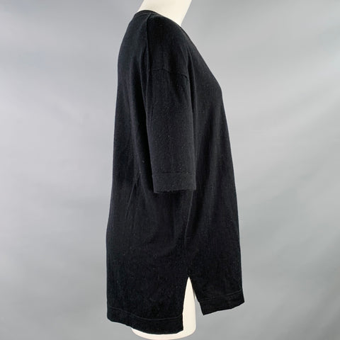 JARBO Size 2 Black Silk Cashmere Jersey Short Sleeve Crew Neck Oversized T-shirt Casual Top