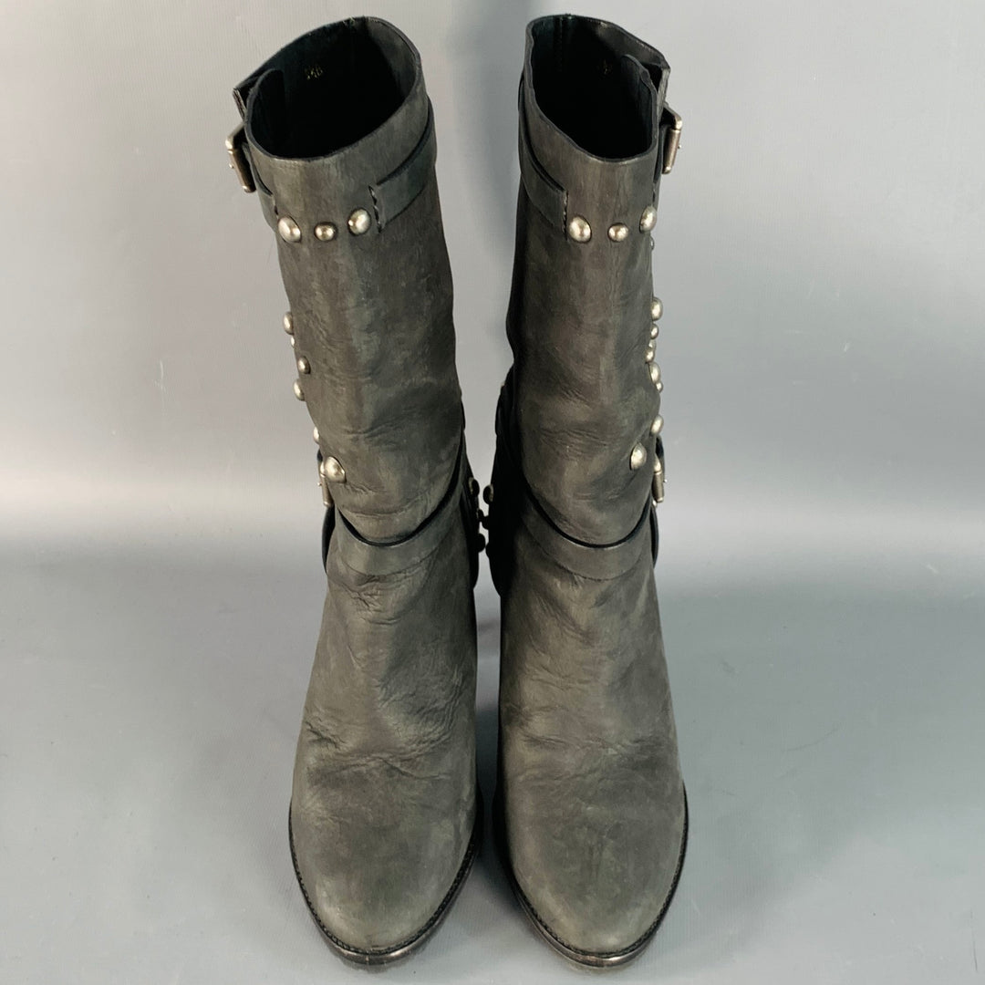 RALPH LAUREN COLLECTION Size 8.5 Black Studded Stacked Heel Pull On Boots