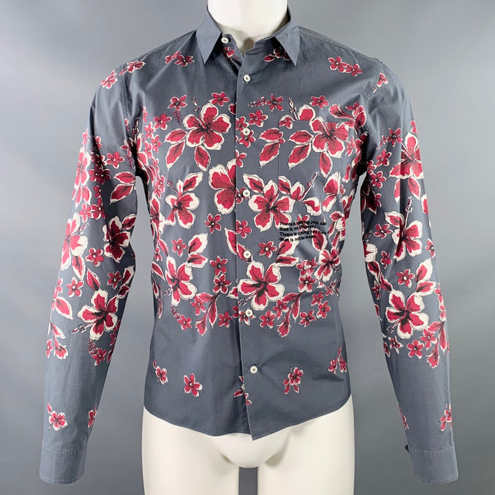 VALENTINO Size S Grey Magenta Floral Cotton One Pocket Button Up Long Sleeve Shirt