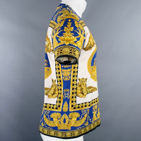 VERSACE Size S Blue Gold Print Cotton Crew Neck T-shirt