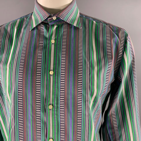 ETRO Size L Green Mixed Stripe Cotton Long Sleeve Shirt