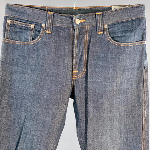 NUDIE JEANS Size 34 Slim Jim Indigo Contrast Stitch Cotton Straight Slim Zip Fly Jeans
