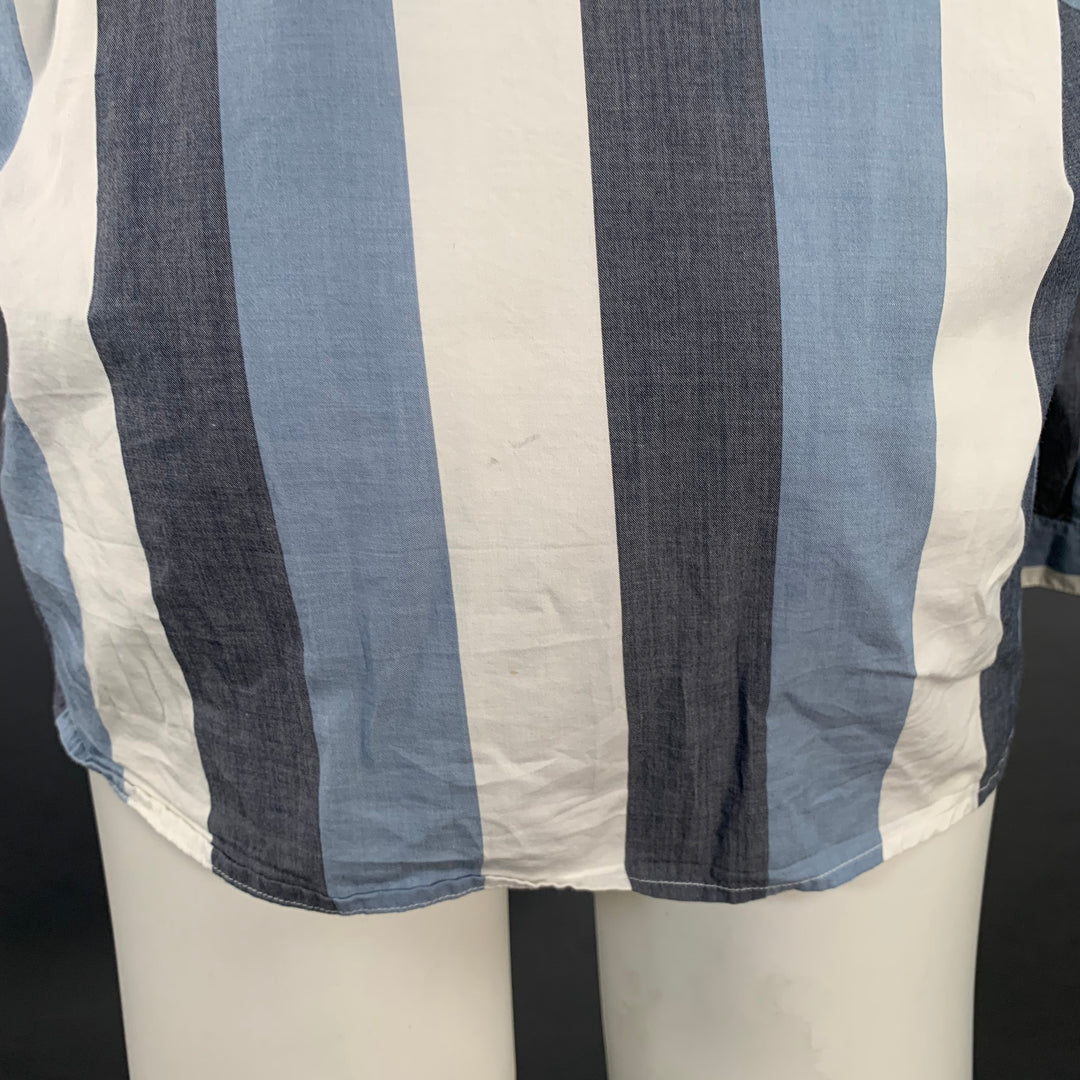 LIVID JEANS Size M Grey Blue White Stripe Cotton Collarless Long Sleeve Shirt